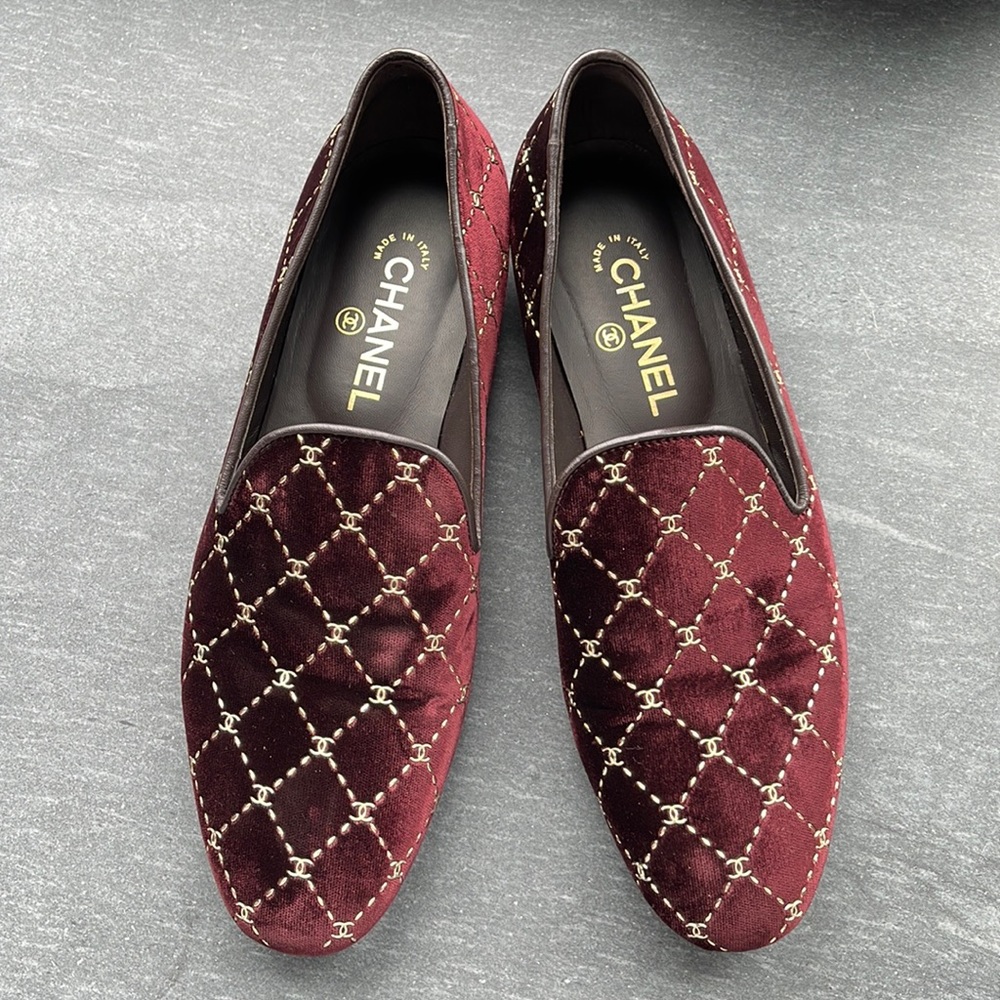 Chanel Velvet Moccasin Loafers 40.5 Burgundy